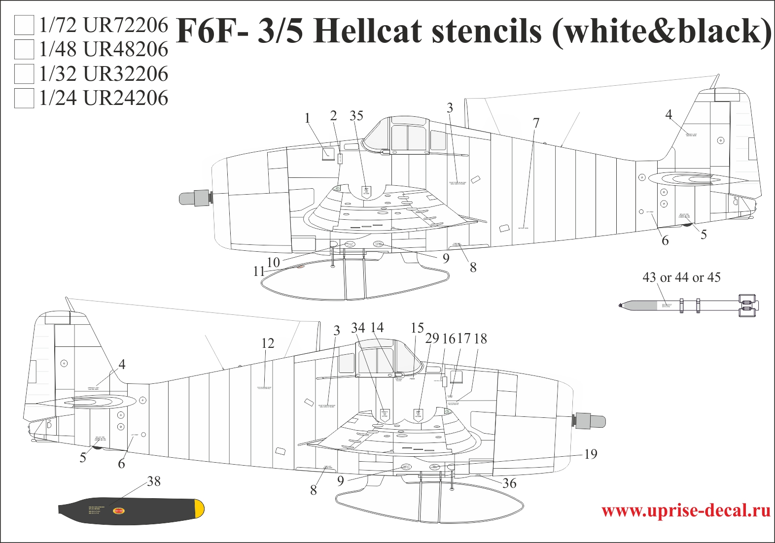 UR72206  декали  F6F-3/5 Hellcat stencils  (1:72)