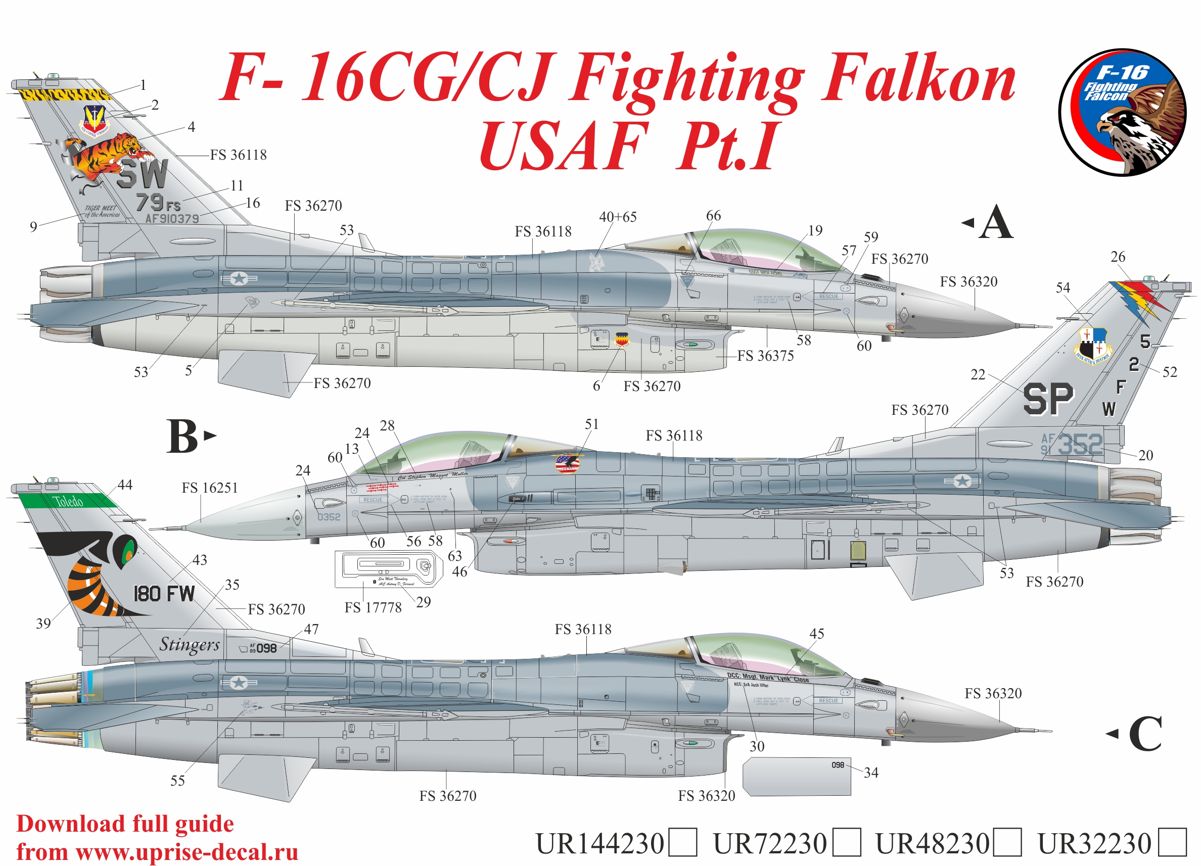 UR48230  декали  F-16CG/CJ Fighting Falcon USAF Pt.1 with stencils  (1:48)
