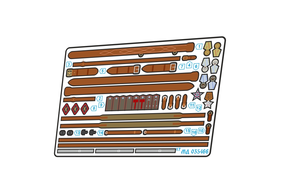 МД 035466  фототравление  Ремни, погоны, медали расчёта арт. орудия Красной Армии  (1:35)