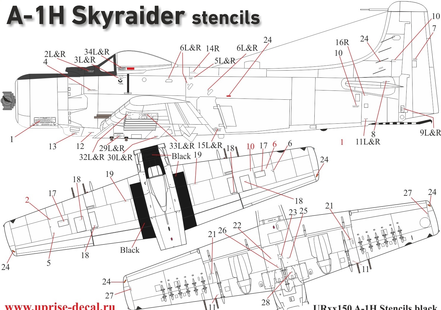 UR48150 декали A-1H Skyraider stencils (black)  (1:48)