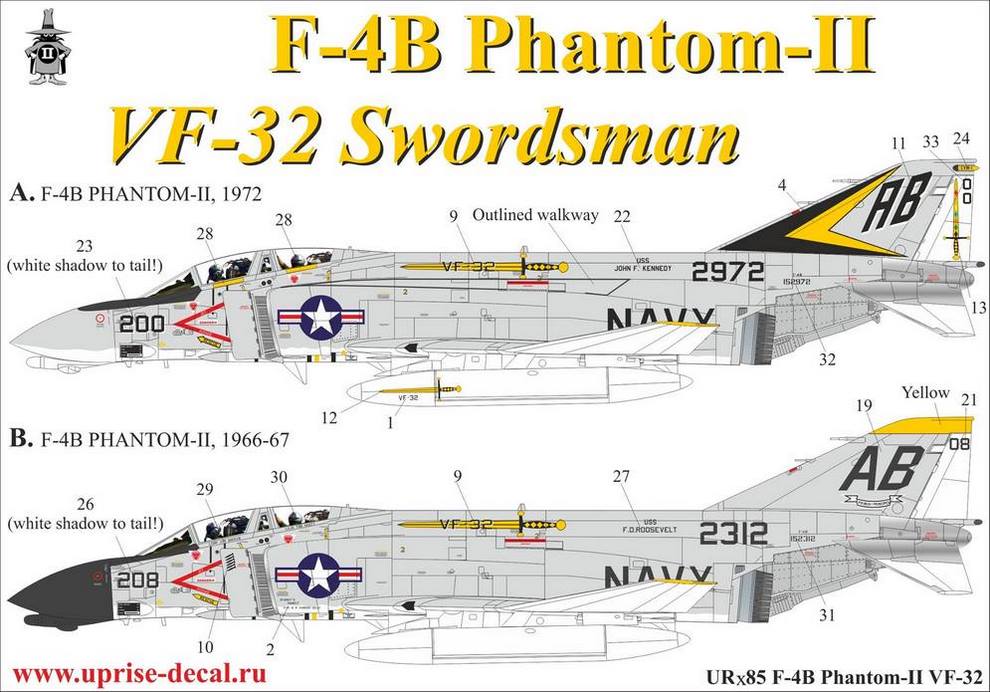 UR485  декали  F-4B Phantom-II VF-32, no stencils  (1:48)