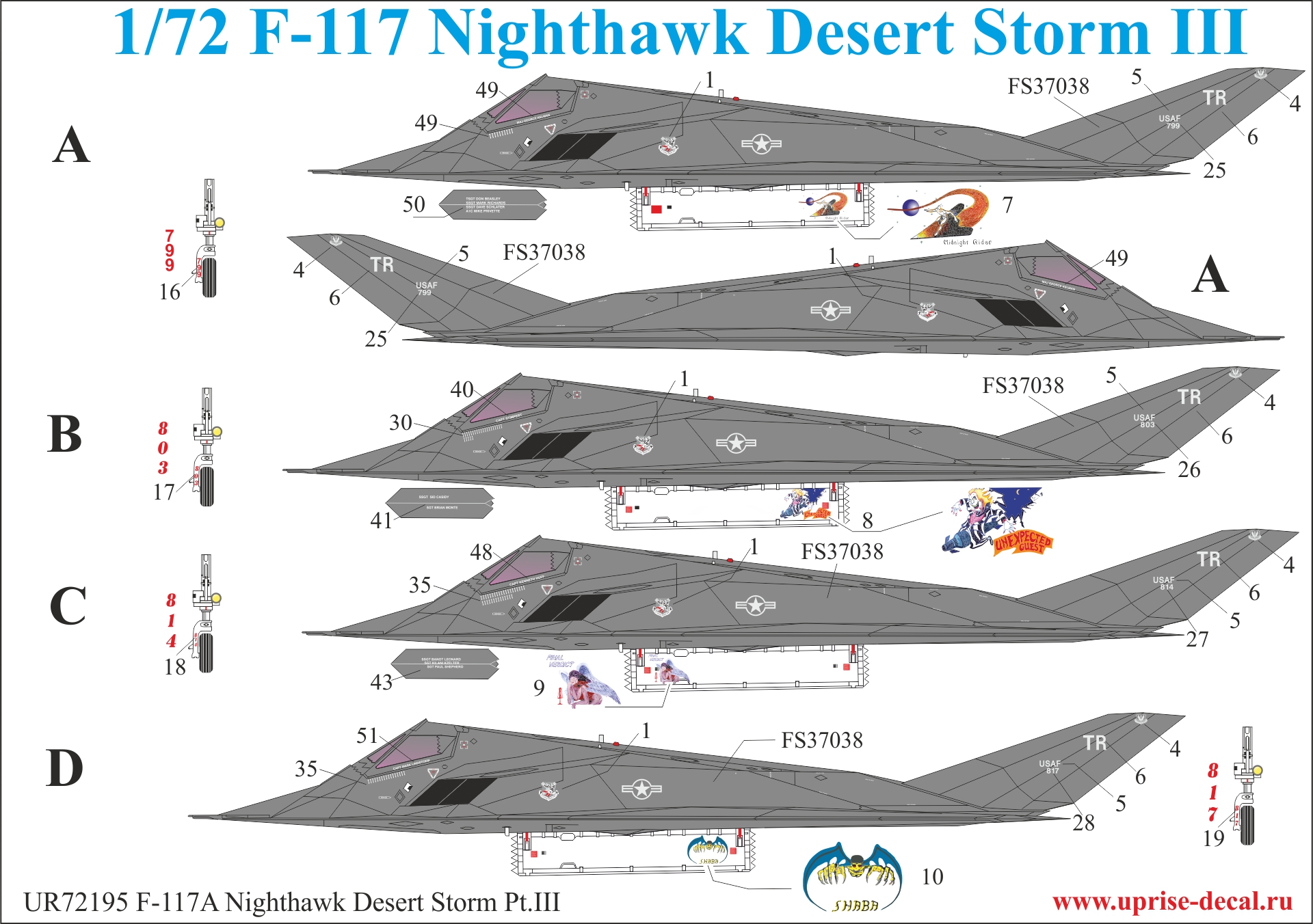 UR72195  декали  F-117A Nighthawk "Desert Storm Pt.3 with stencils  (1:72)
