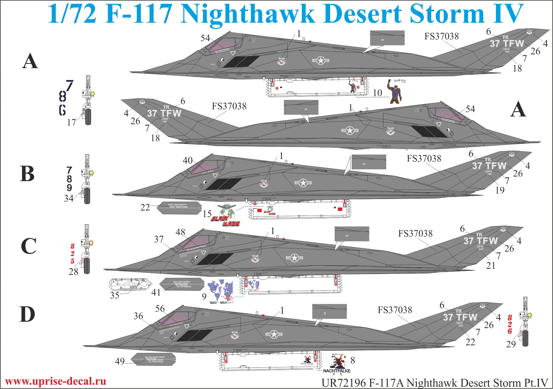 UR72196  декали  F-117A Nighthawk "Desert Storm Pt.4 with stencils  (1:72)