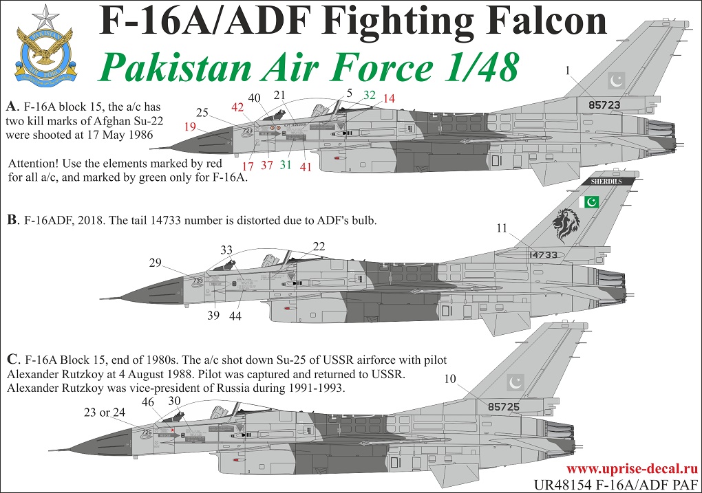 UR48154  декали  F-16A/ADF PAF Rutskoy Su-25 and Afghan Su-22 killer  (1:48)