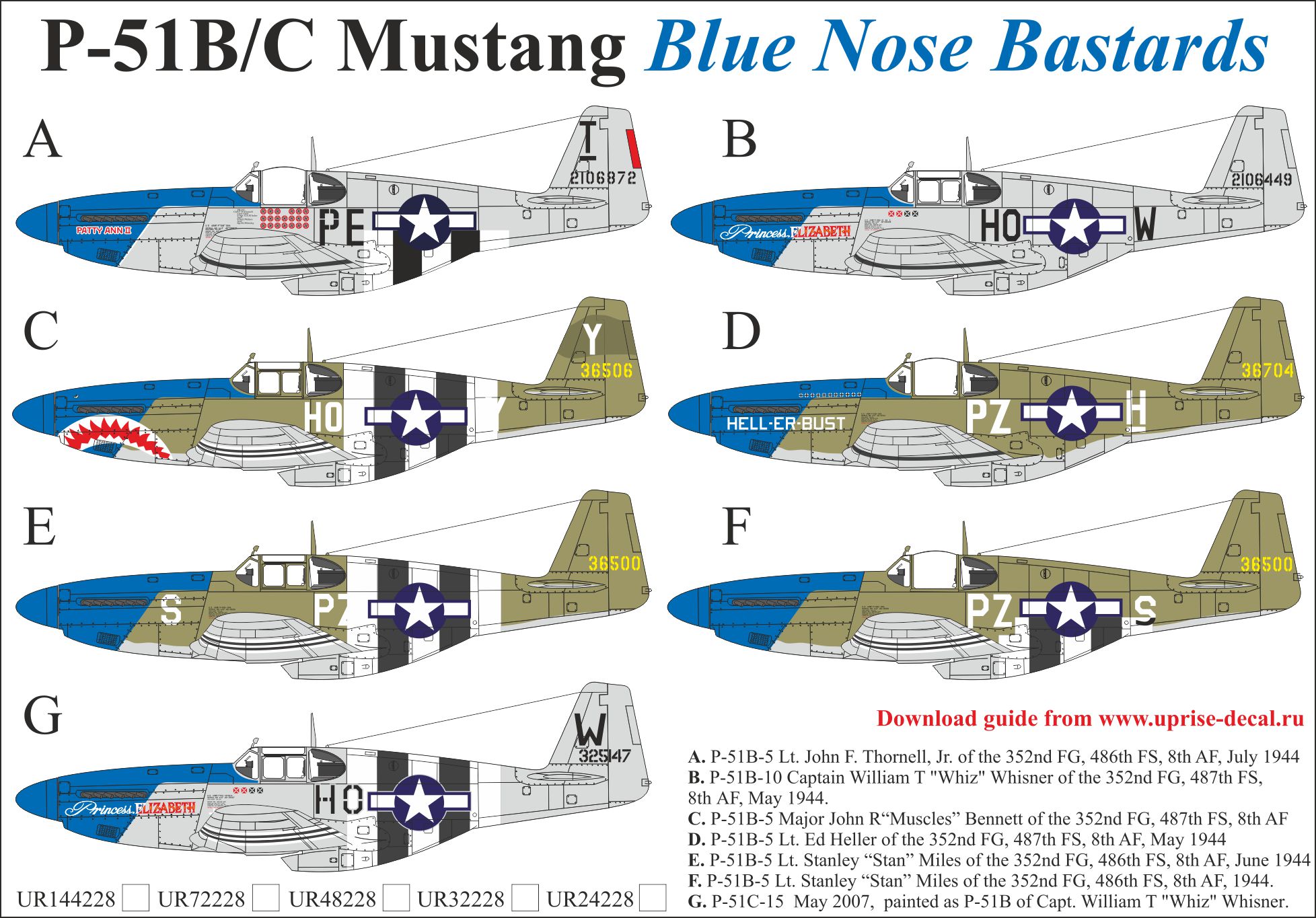 UR72228  декали  P-51B/C Mustang Blue Nose with stencils  (1:72)