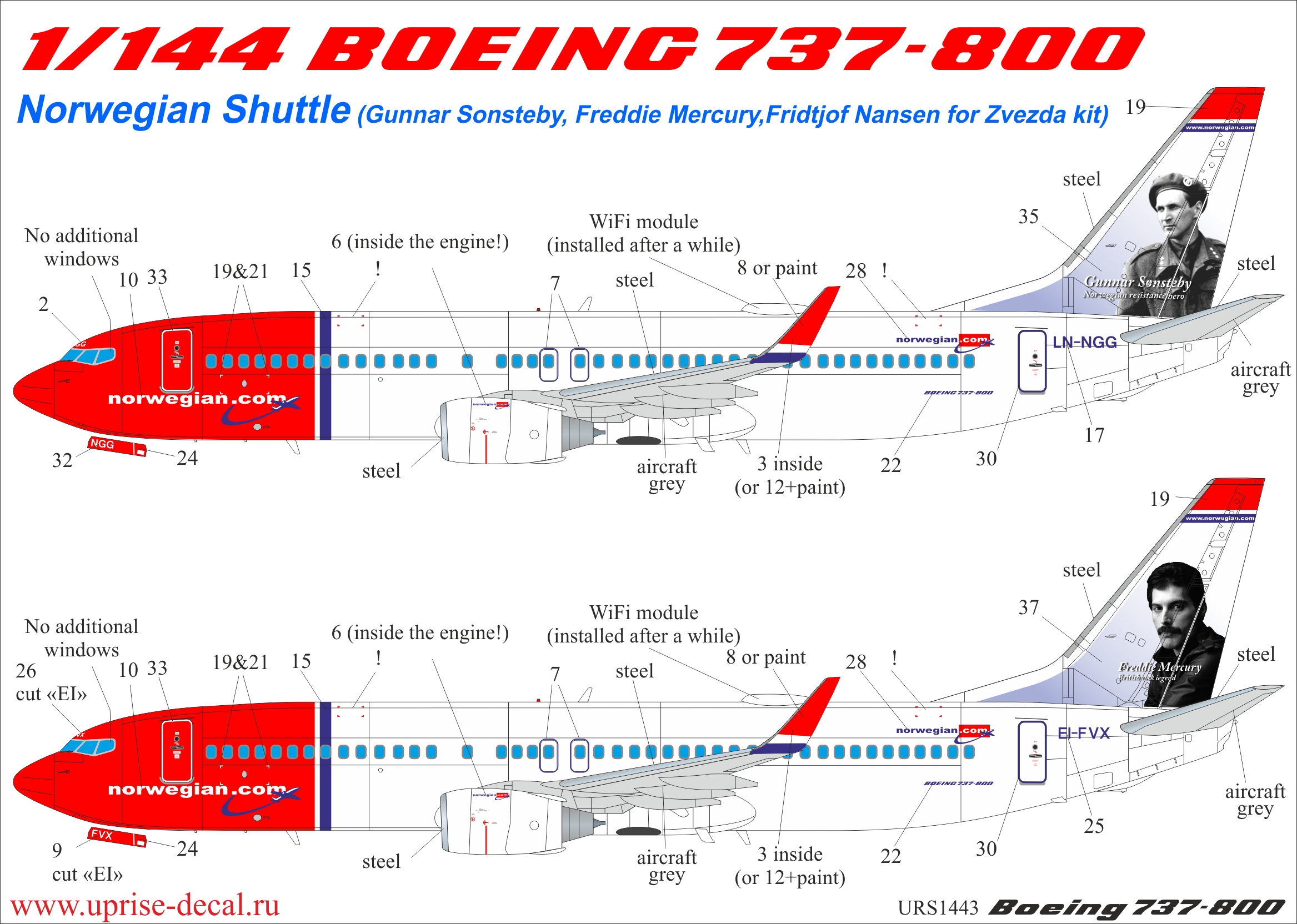 URS1443  декали  Boeing 737-800 Norwegian Shuttle LN-NGG/EL-FVX/LN-DYF for Zvezda kit  (1:144)