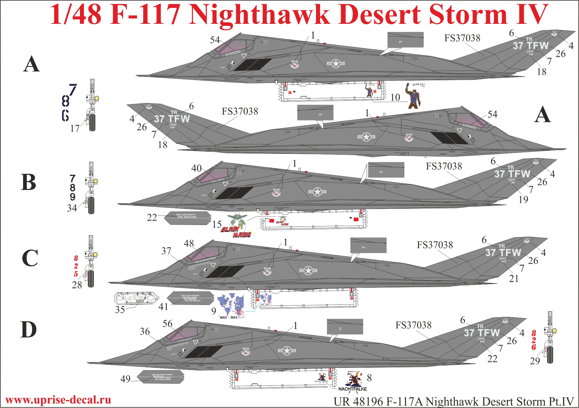 UR48196  декали  F-117A Nighthawk "Desert Storm Pt.4 with stencils  (1:48)
