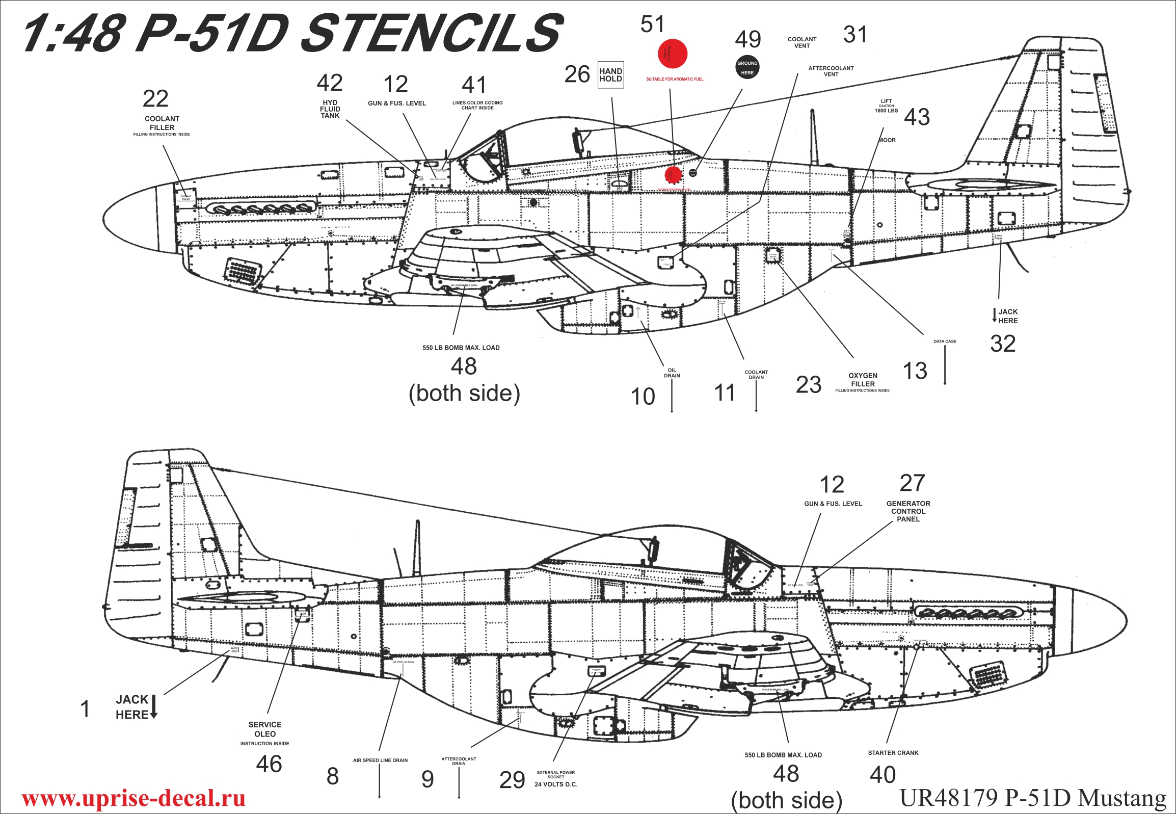 UR48179  декали  P-51D Mustang stencils  (1:48)