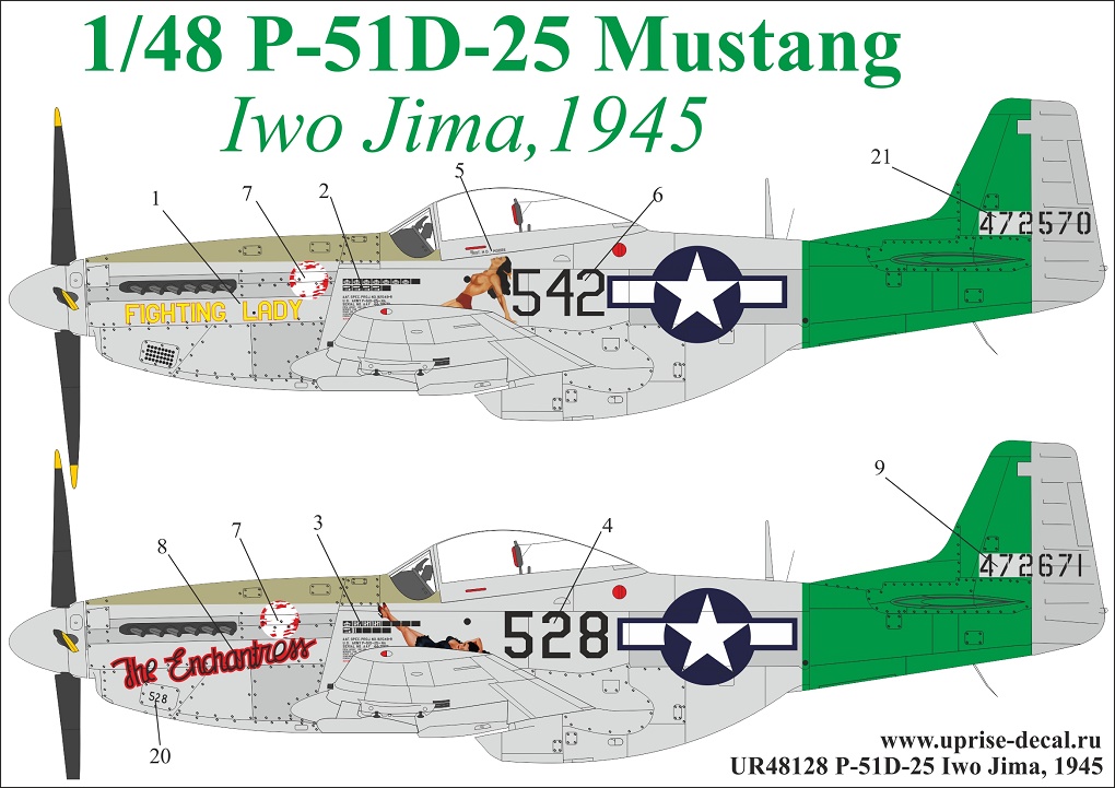 UR48128  декали  P-51D-25 Mustang Iwo Jima, 1945, with stencils  (1:48)