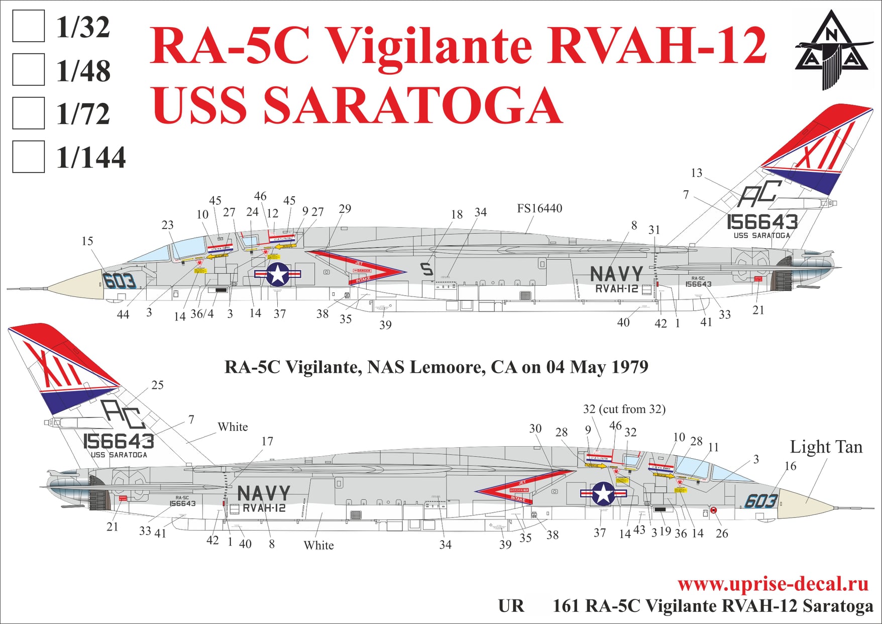 UR48161  декали  RA-5C Vigilante RVAH-12 USS Saratoga, with stencils  (1:48)
