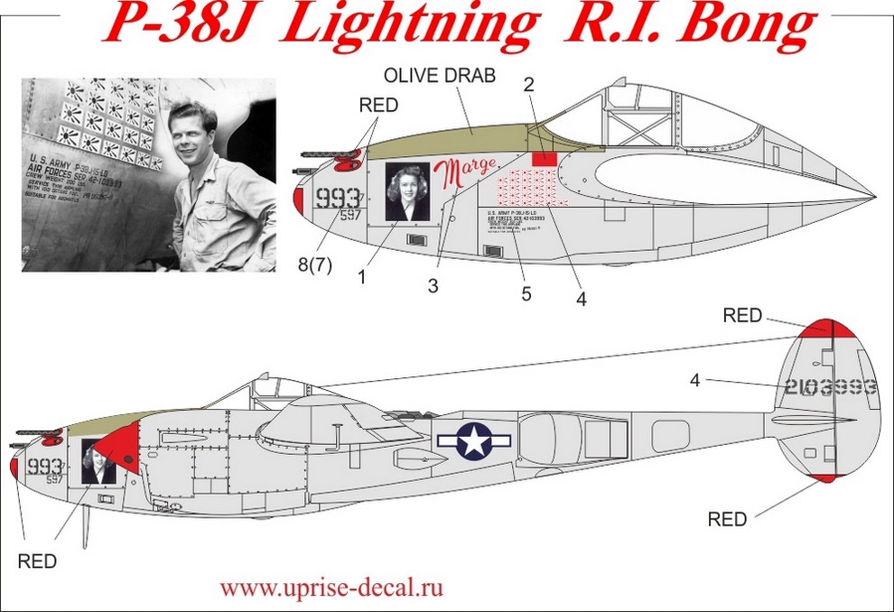 UR7243  декали  P-38J Lightning R.I. Bong, with stencils  (1:72)