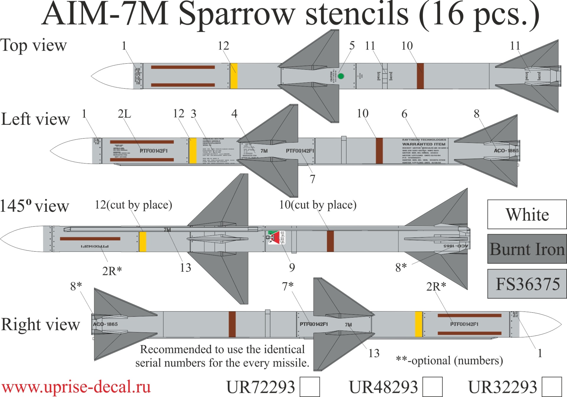 UR48293  декали  AIM-7M Sparrow stencils 16 шт.  (1:48)