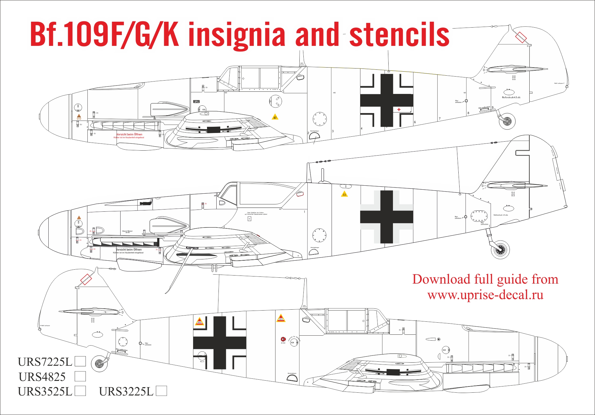 URS7225L  декали  Bf.109F/G/K insignia & stencils kit  (1:72)