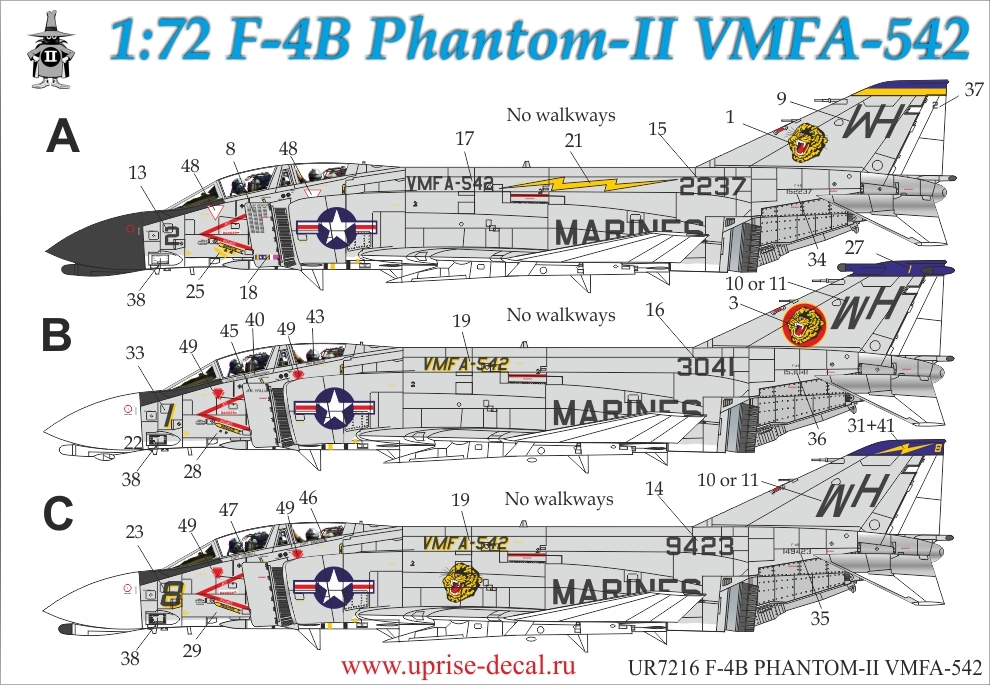 UR7216  декали  F-4B Phantom-II VMFA-542, no stencils  (1:72)
