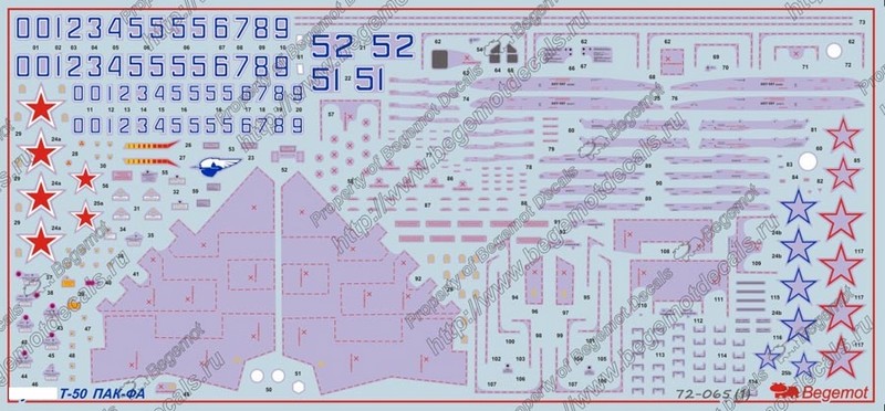 72065  декали  Т-50 ПАК-ФА(HobbyBoss)  (1:72)