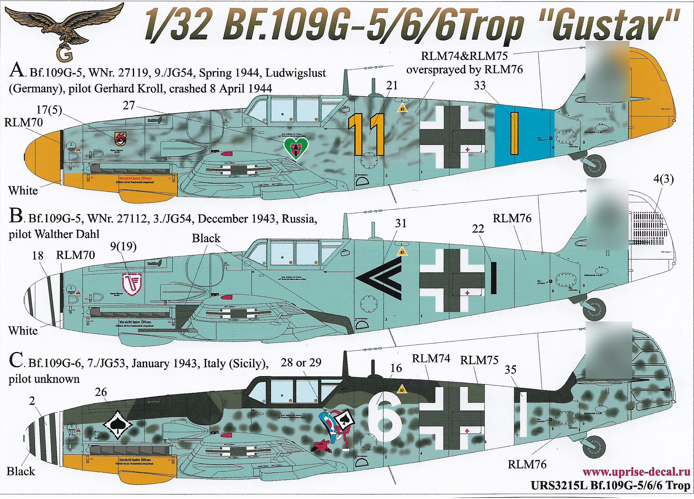 URS3215L декали Messerschmitt Bf 109G-5/6/6 Trop without stencils  (1:32)