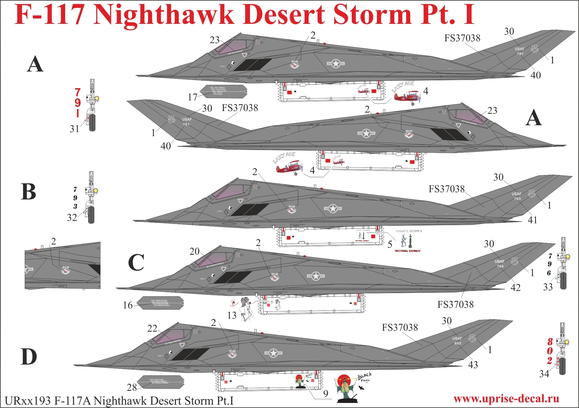 UR48193  декали  F-117 Nighthawk "Desert Storm Pt.1" with stecils  (1:48)
