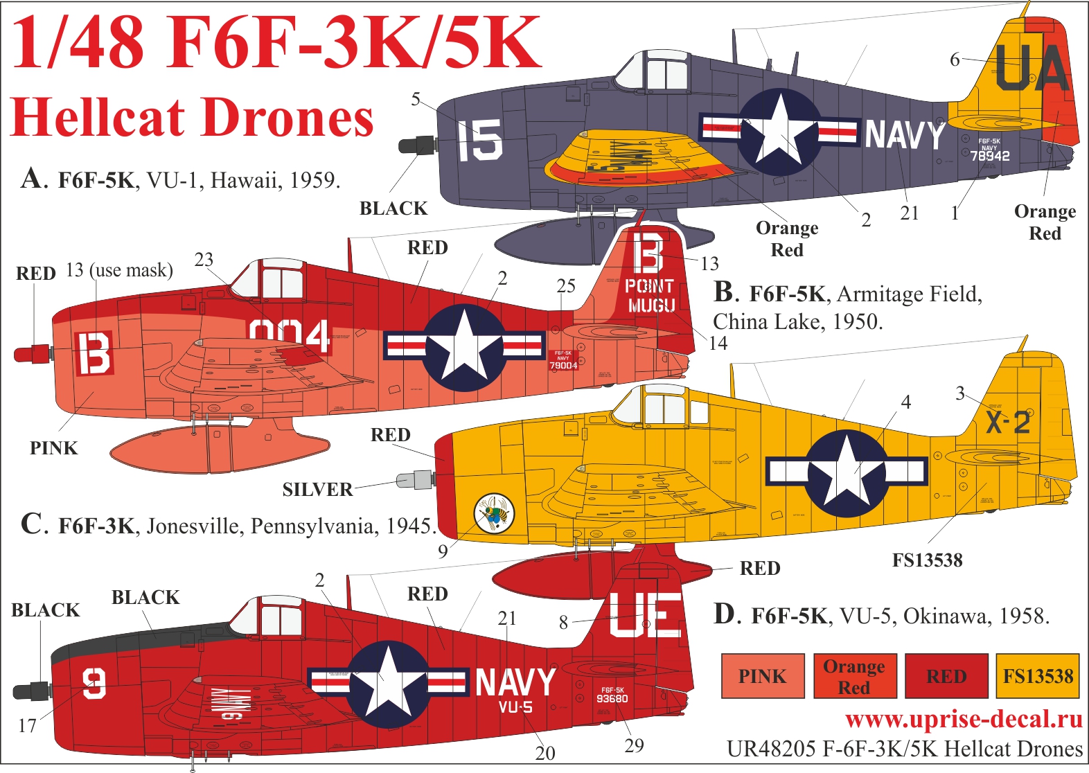 UR48205  декали  F6F-3K/5K Hellcat Drones   (1:48)