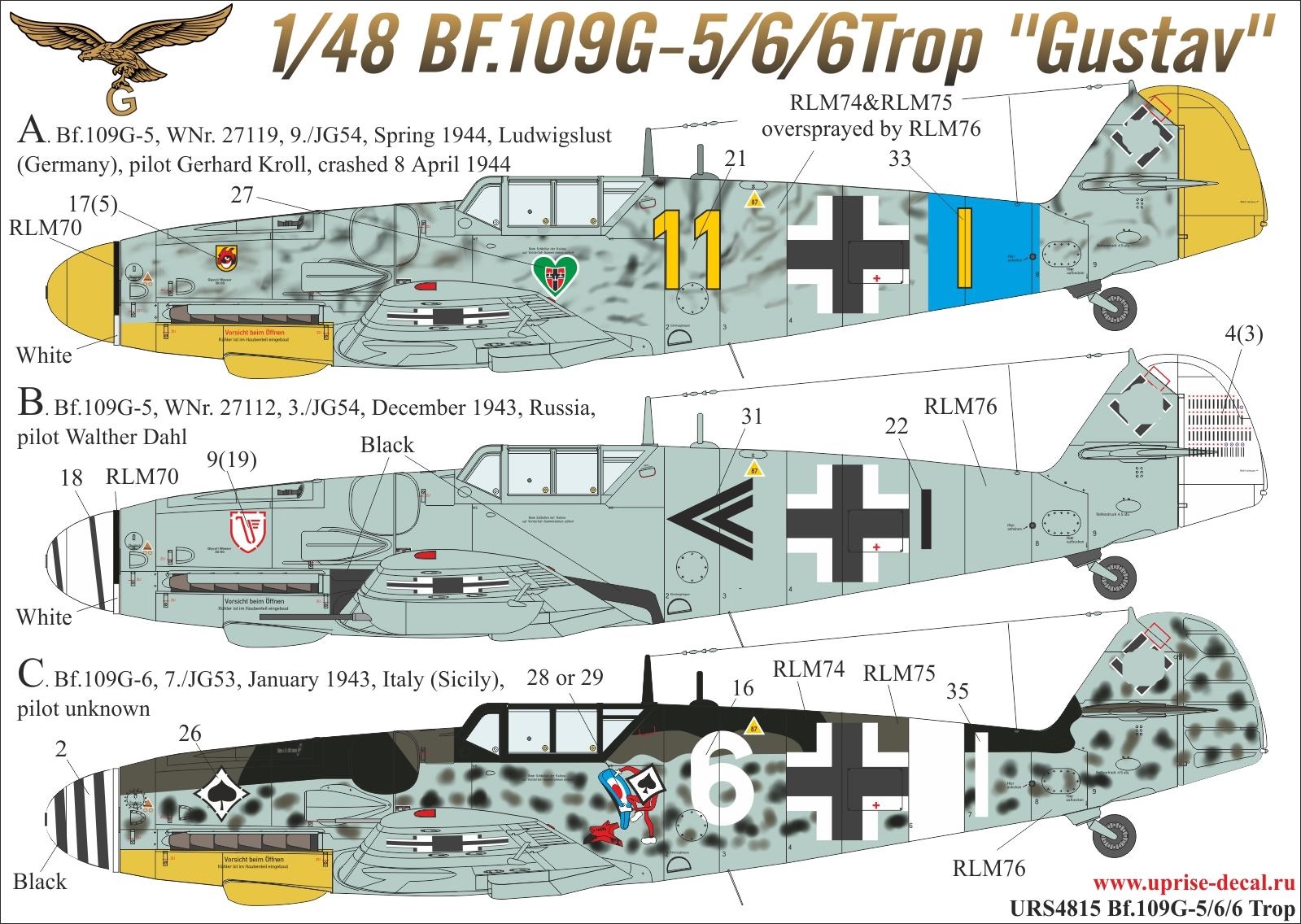 URS4815  декали  Bf.109G-5/6/6 Trop without stencils+mask for Zvezda kit  (1:48)