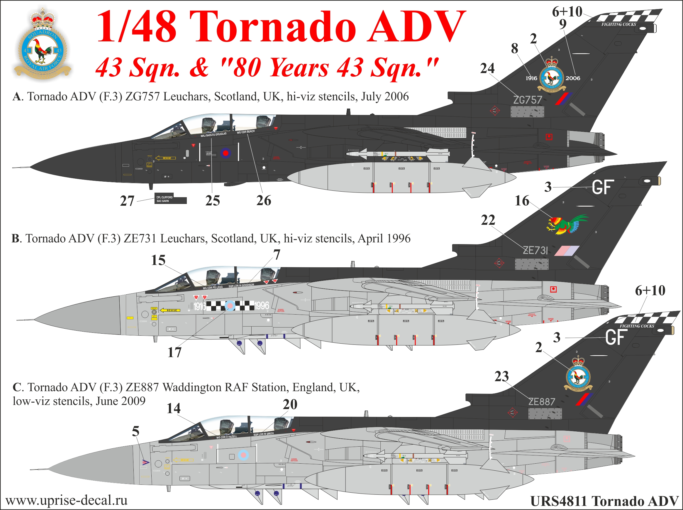 URS4811  декали  Tornado ADV 43 Sqn & "80 Years 43 Sqn", without stencils  (1:48)