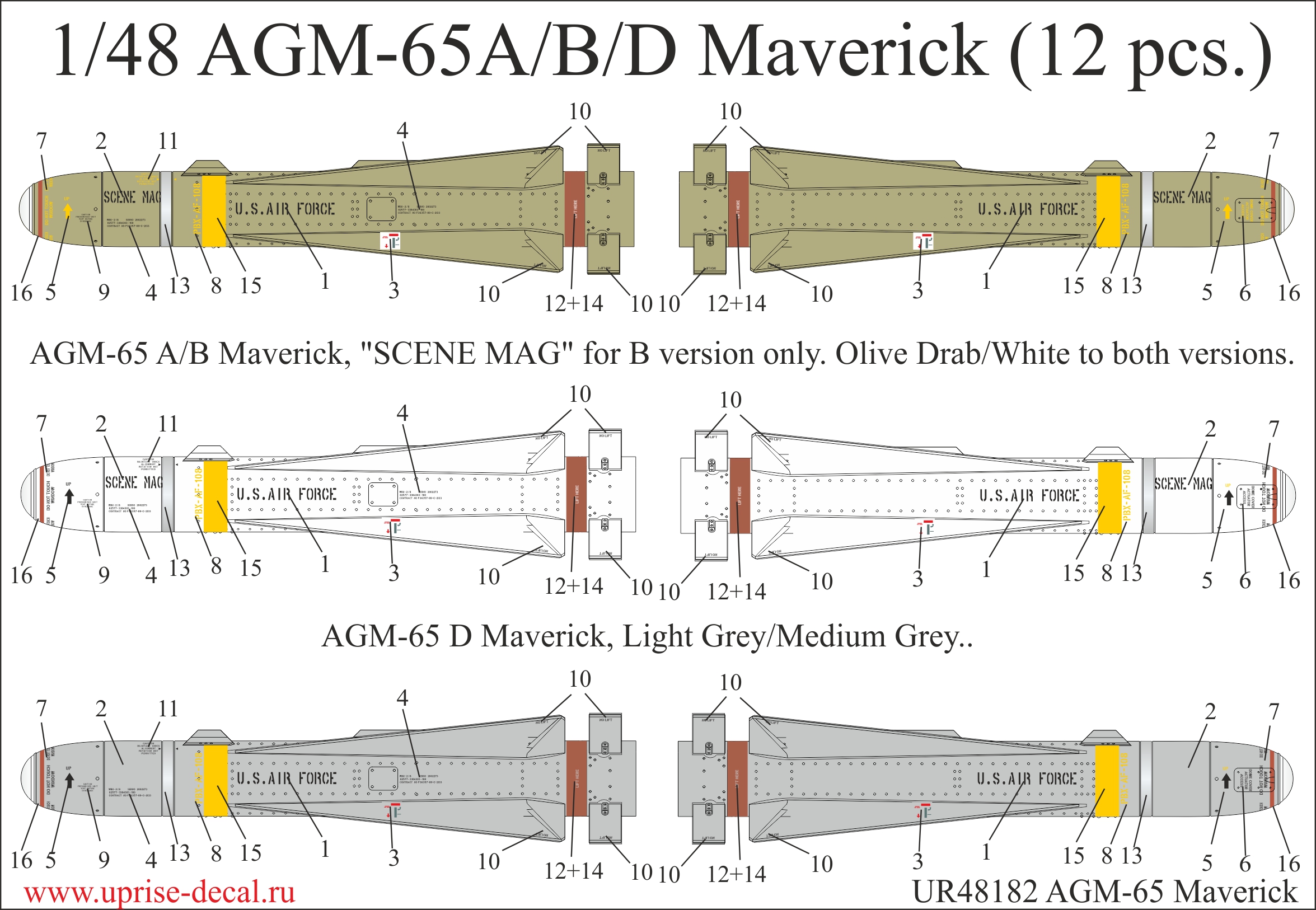 UR48182  декали  AGM-65A/B/D Maverick (12 pcs.)  (1:48)