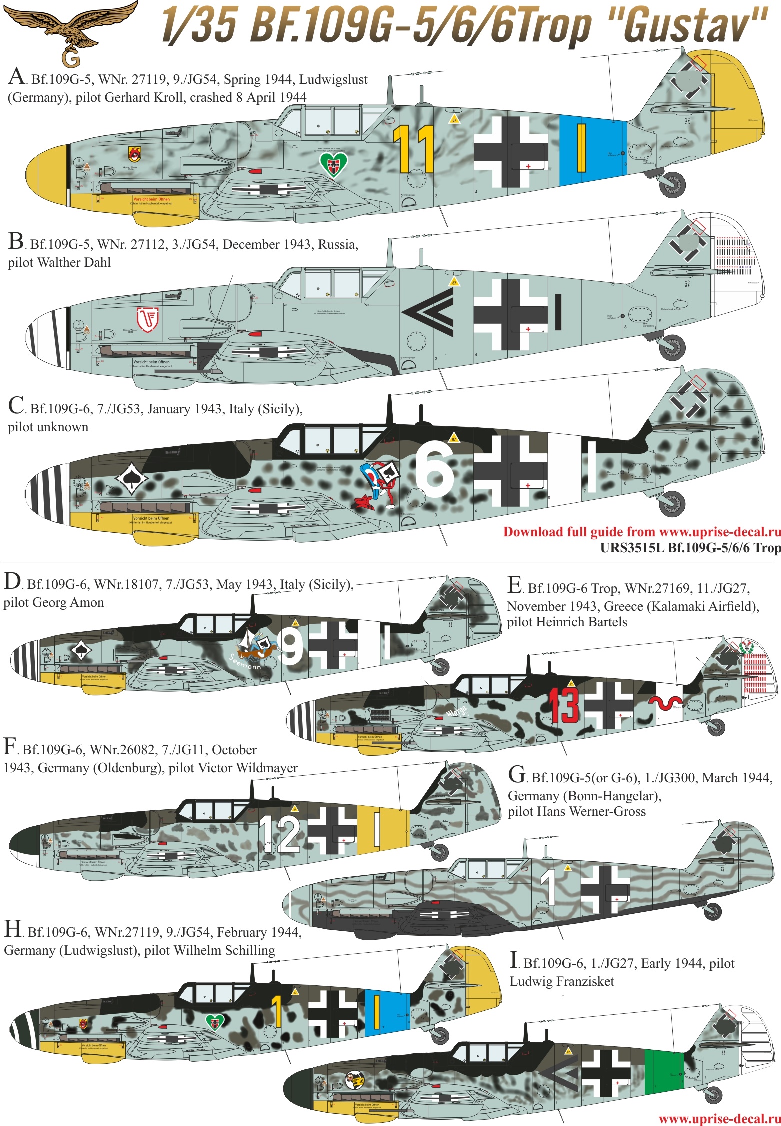 URS3515L  декали  Bf.109G-5/6/6 Trop without stencils for Border kit  (1:35)