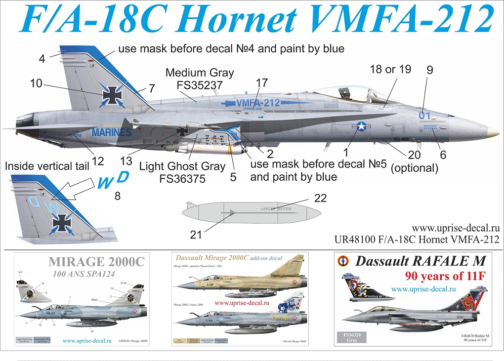 UR48100  декали  F/A-18C Hornet VMFA-212 with masks  (1:48)