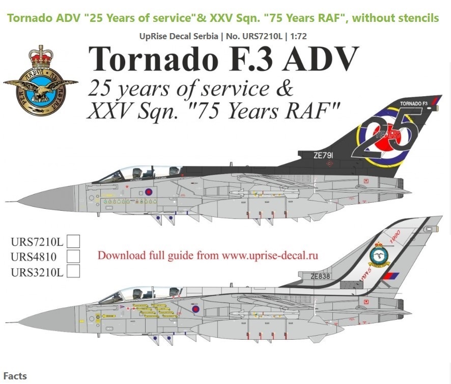 URS7210L  декали  Tornado ADV "25 Years of service"& XXV Sqn."75 Years RAF", without stencils (1:72)