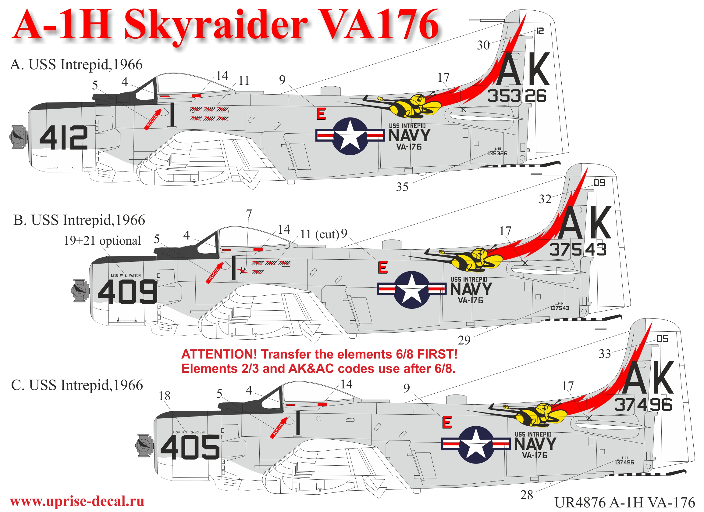 UR4876  декали  A-1H Skyrader VA-176 with stencils  (1:48)