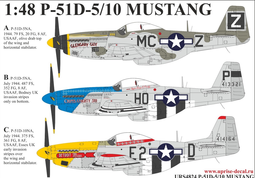 URS4824L  декали P-51D-5/10 MUSTANG with insignia, без тех. надписей  (1:48)