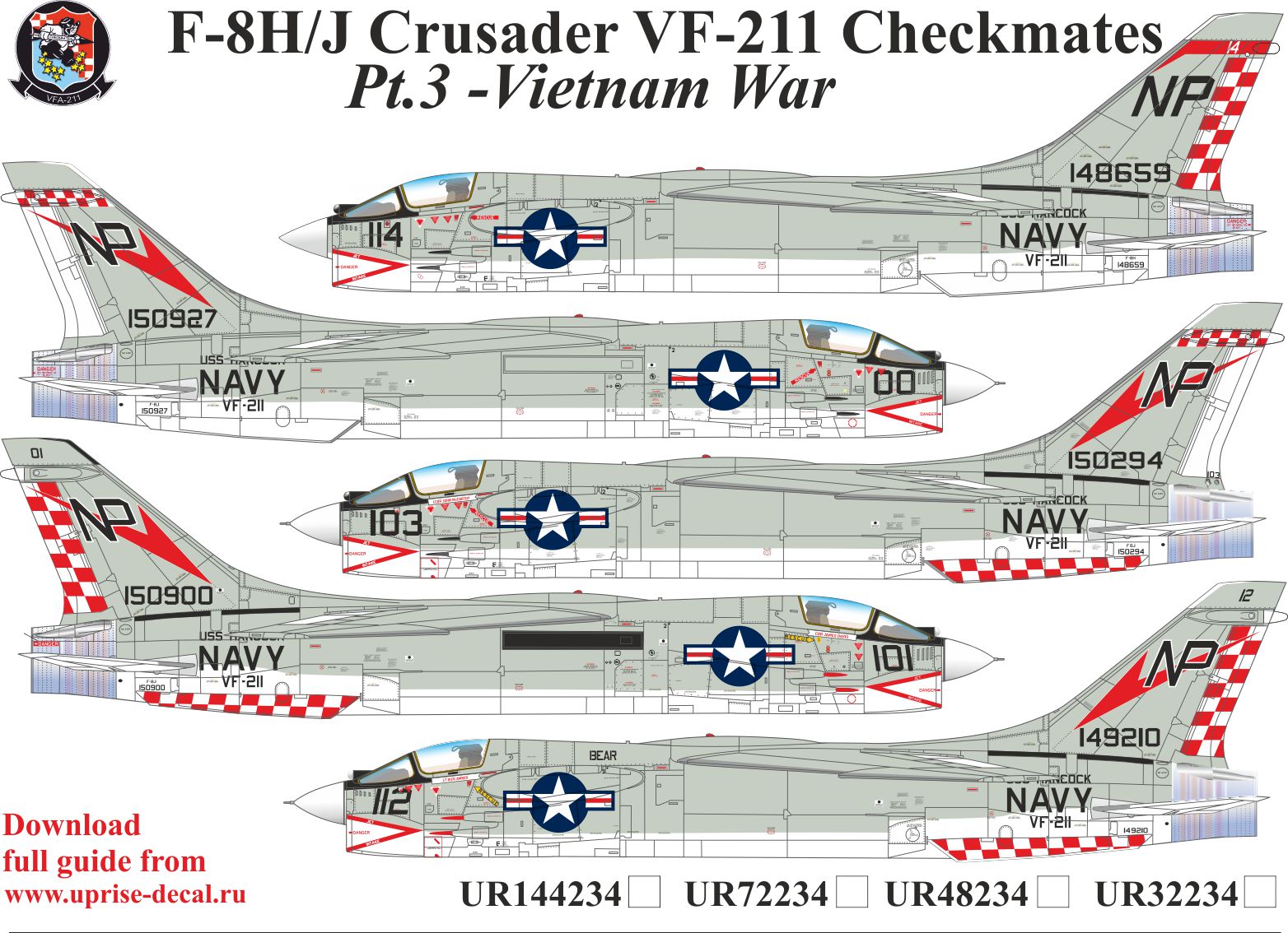 UR48234  декали  F-8H/J Crusader VF-211 Checkmates Pt.2 with stencils  (1:48)