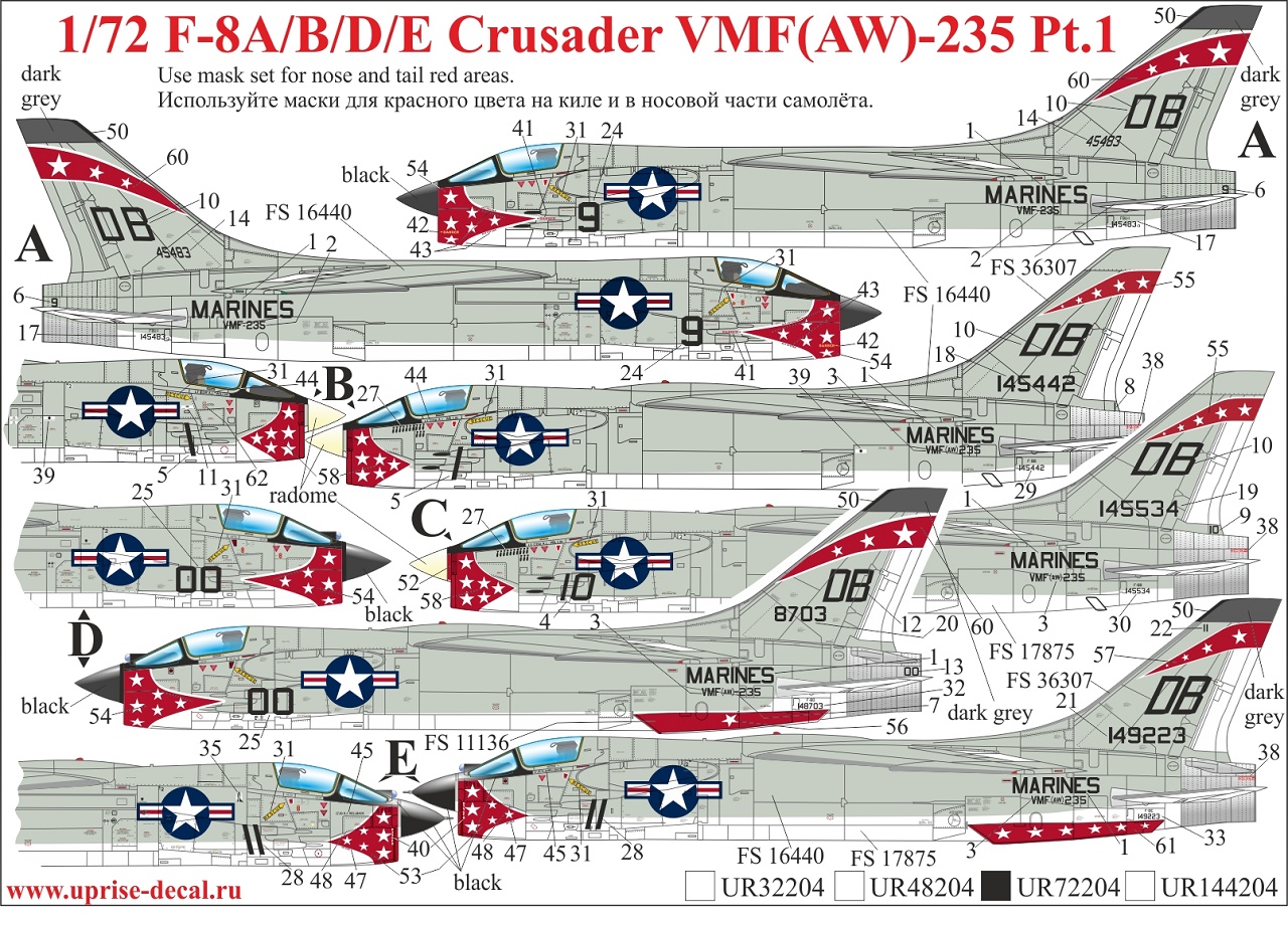 UR72204  декали  F-8A/B/D/E Crusader VMF(AW)-235  (1:72)