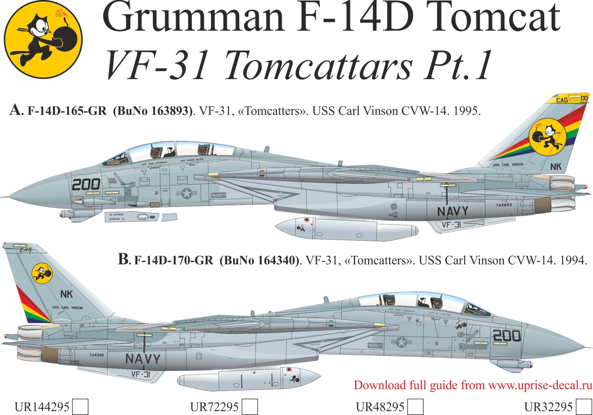 UR72295  декали  Grumman F-14D Tomcat VF-31 Tomcatters Pt.1  (1:72)