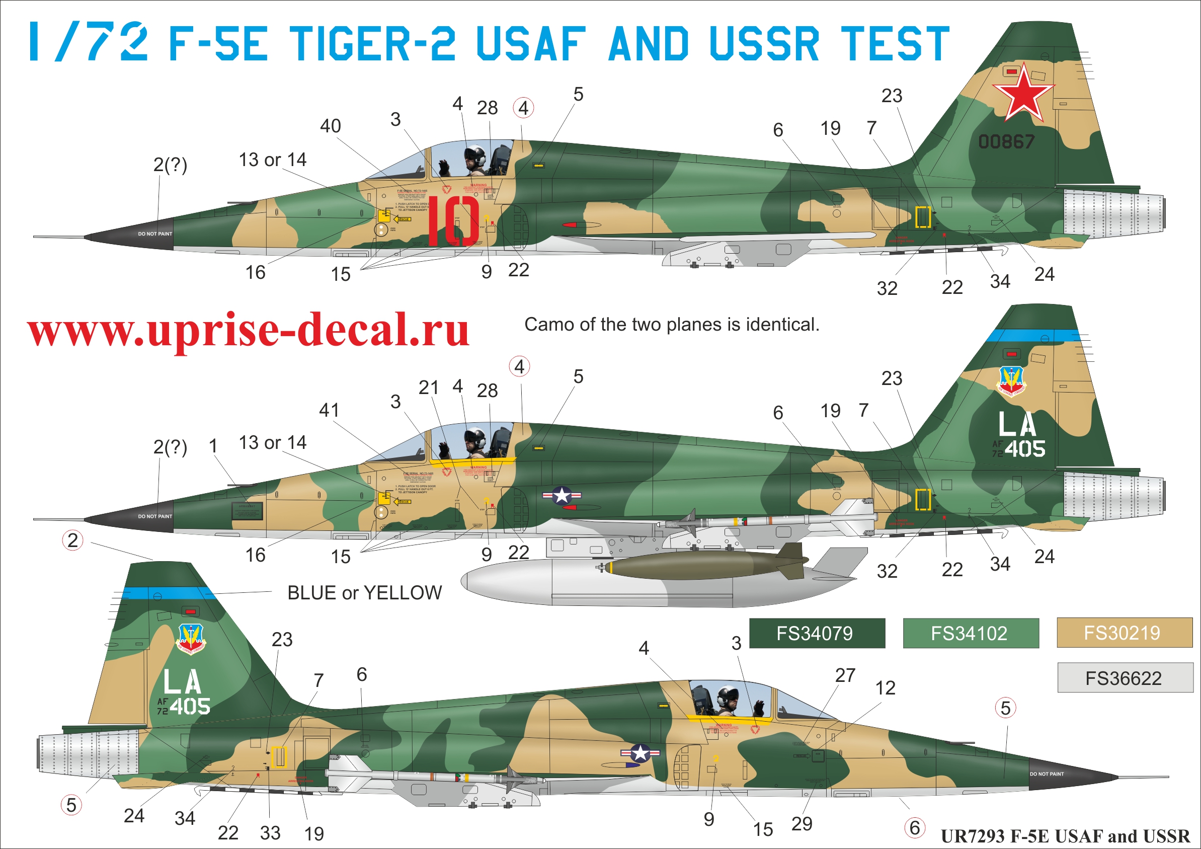 UR7293  декали  F-5E Tiger-II USSR Test and USAF SEA CAMO, with stencils  (1:72)