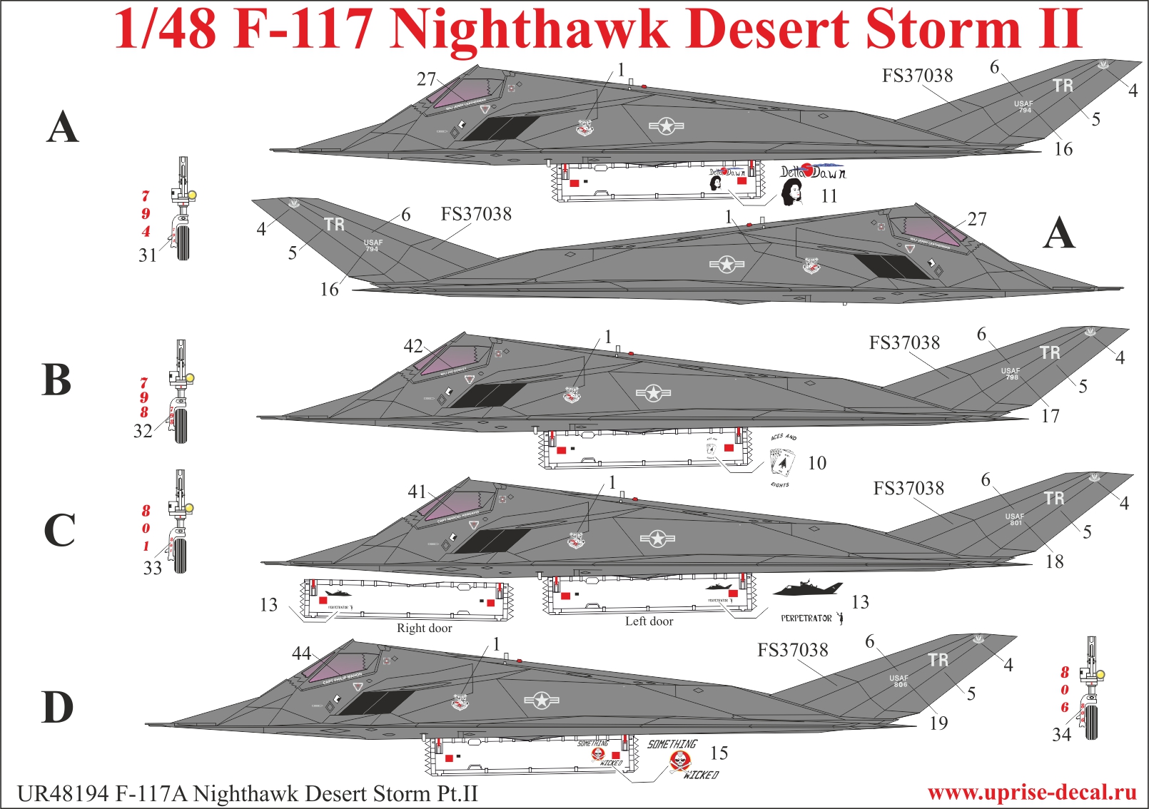 UR48194  декали  F-117A Nighthawk "Desert Storm Pt.2 with stencils  (1:48)