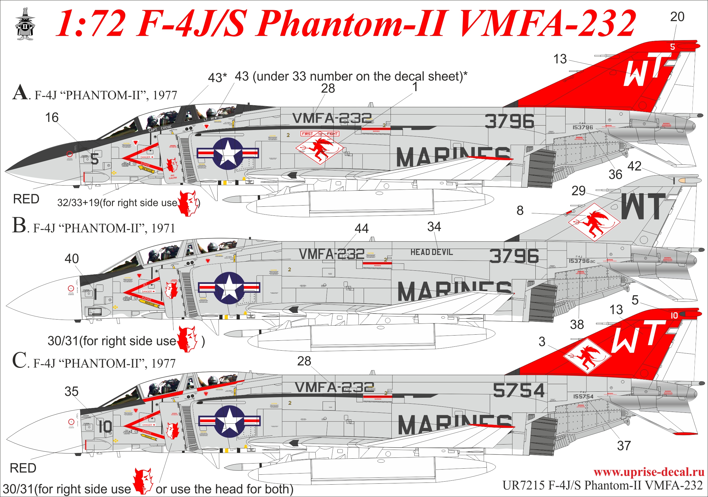 UR7215  декали  F-4J/S Phantom-II VMFA-232, no stencils  (1:72)