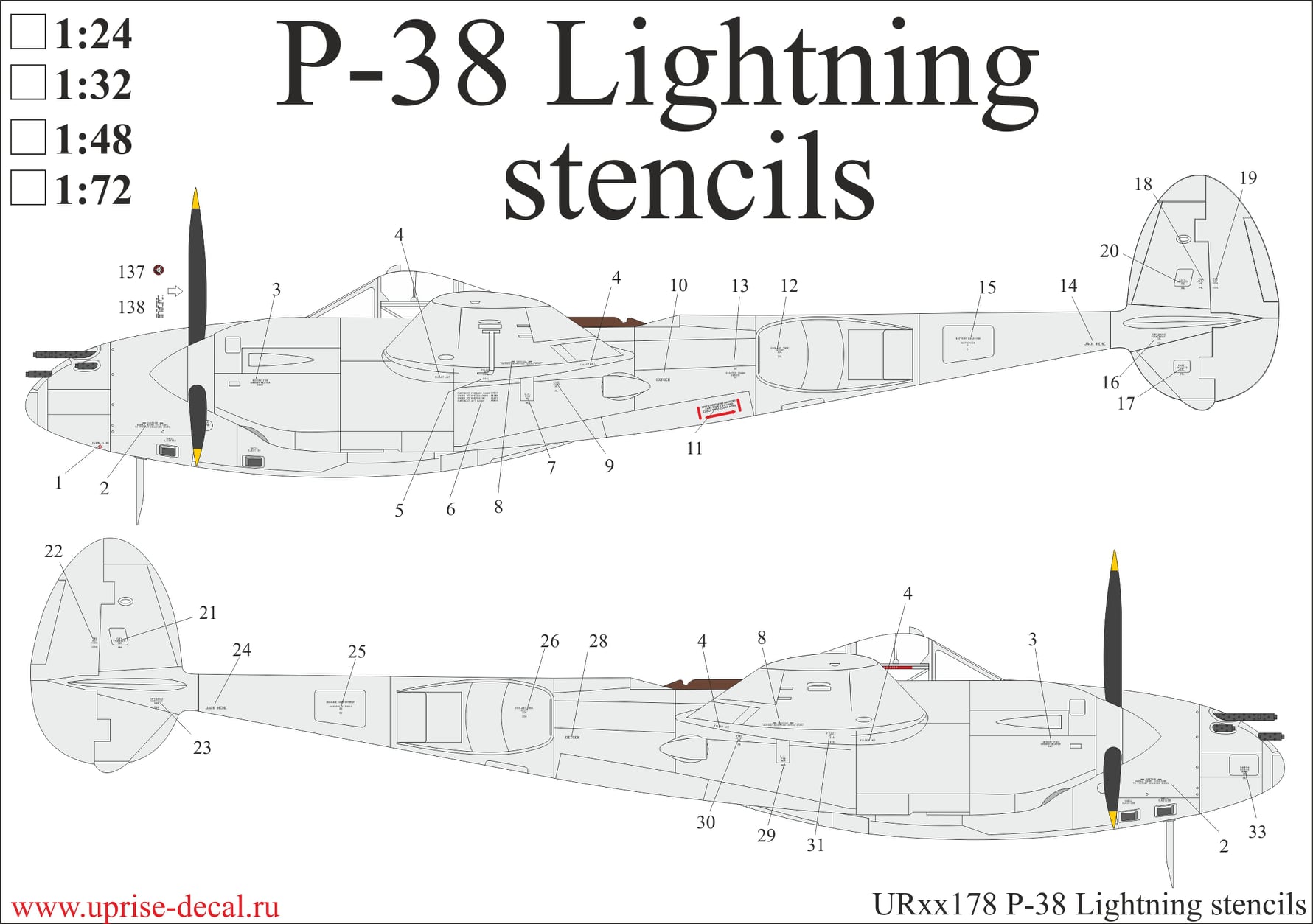 UR48178  декали  P-38 Lightning stencils  (1:48)