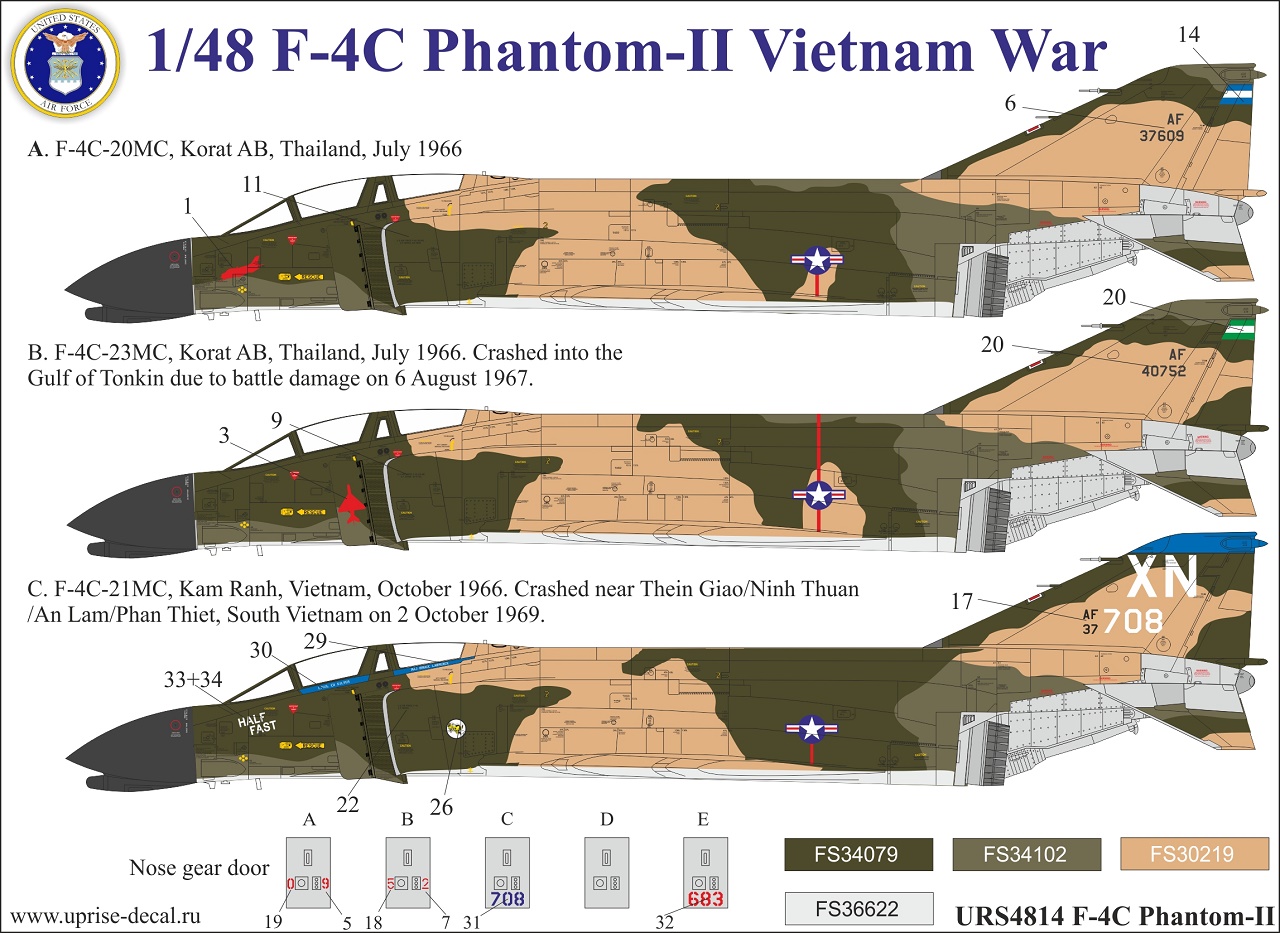 URS4814  декали  F-4C Phantom-II Vietnam War without stencils+mask for Academy kit   (1:48)
