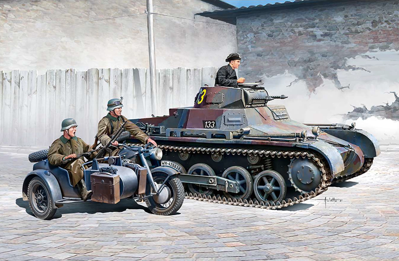 13556  техника и вооружение  German Panzer I Ausf.B & Motorcycle Zündapp KS750 w/sidecar  (1:35)
