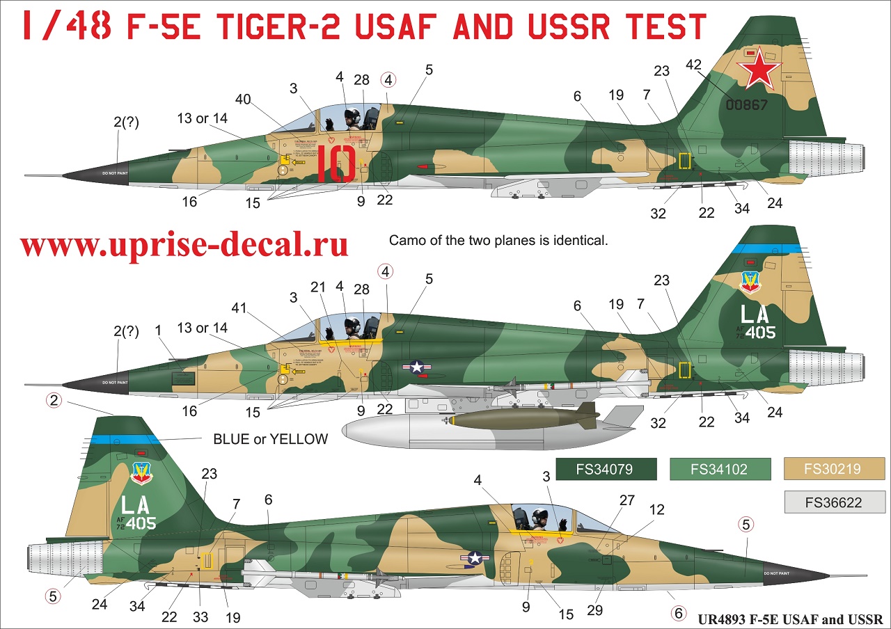UR4893  декали  F-5E Tiger-II USSR Test and USAF SEA CAMO, with stencils  (1:48)