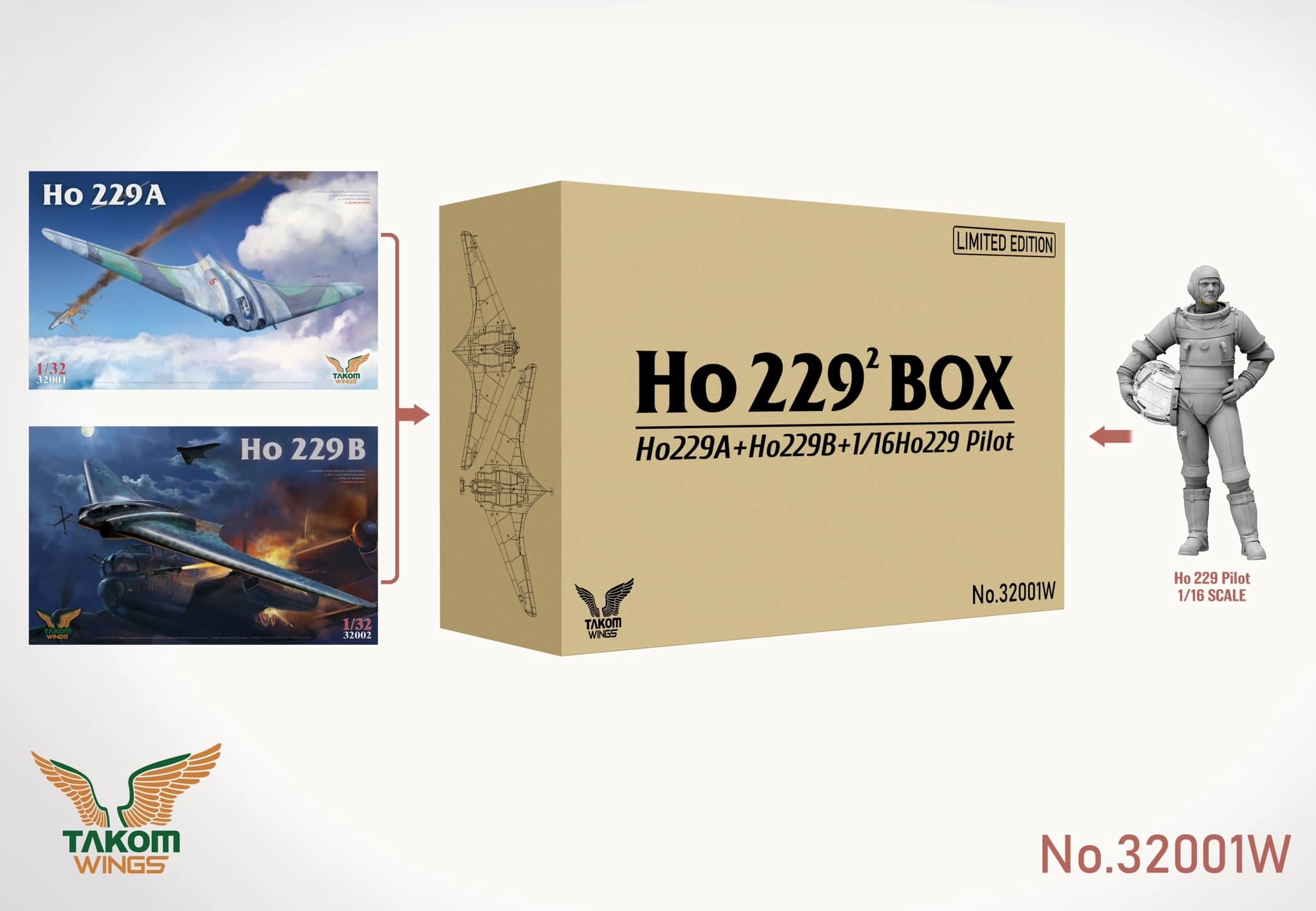 32001W  авиация  Ho 229 BOX 2 (Ho229A+Ho229B+ 1/16 Ho229 Pilot)-Limited  (1:32)