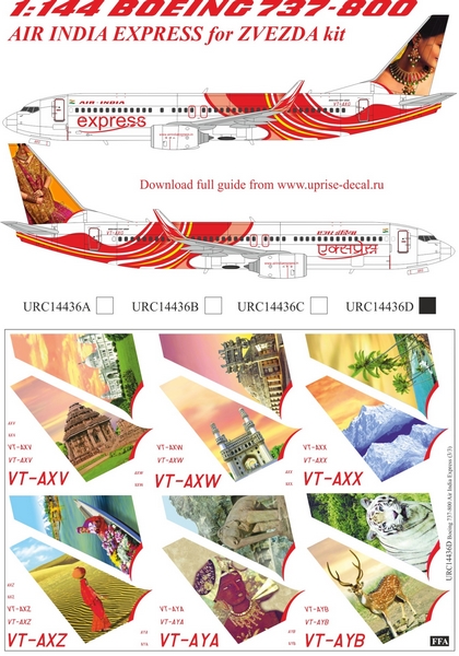 URC14436D  декали  Boeing 737-800 Air India Express without stencils VT-AXV/AXW  (1:144)